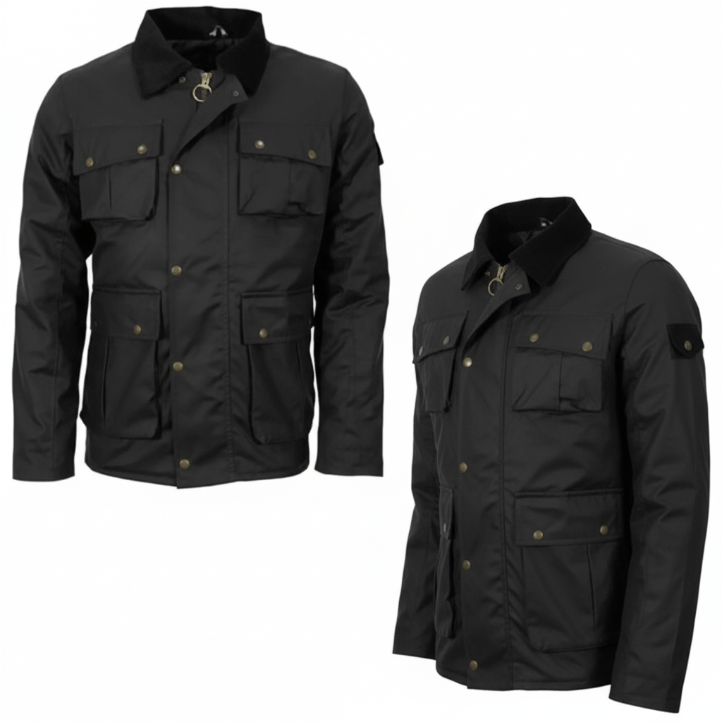 Two views of a black jacket on a white background