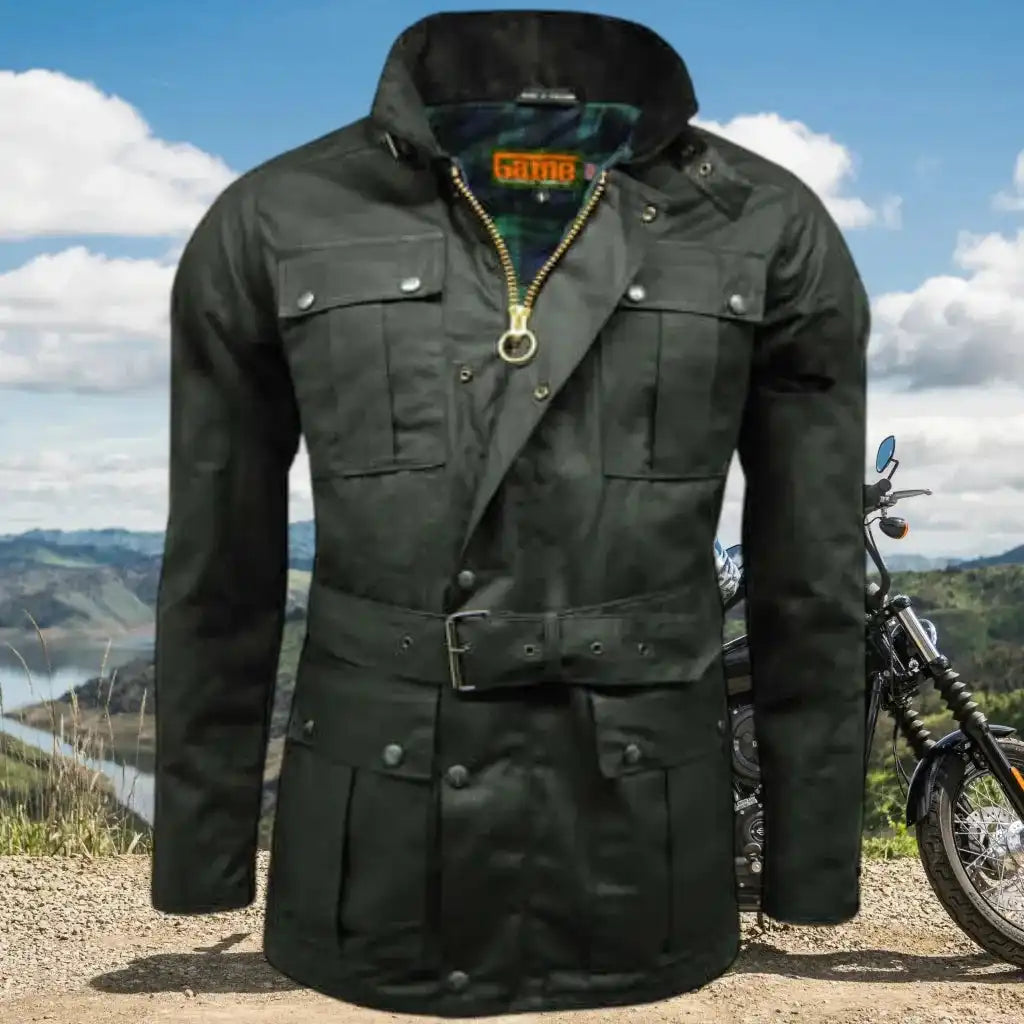 Game Motorcycle Wax Jacket - Game Continental Apparel & Accessories > Clothing > Outerwear > Coats & Jackets > Quilted Wax Jacket > Game Continental Jacket > Mens Waxed Cotton Coat emmy-jane-boutique.myshopify.com
