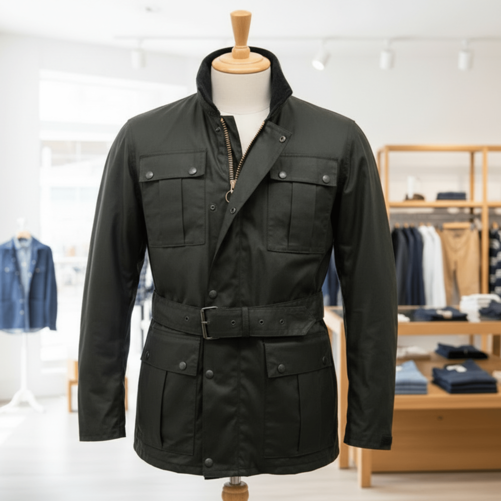 Black jacket on a mannequin in a clothing store setting