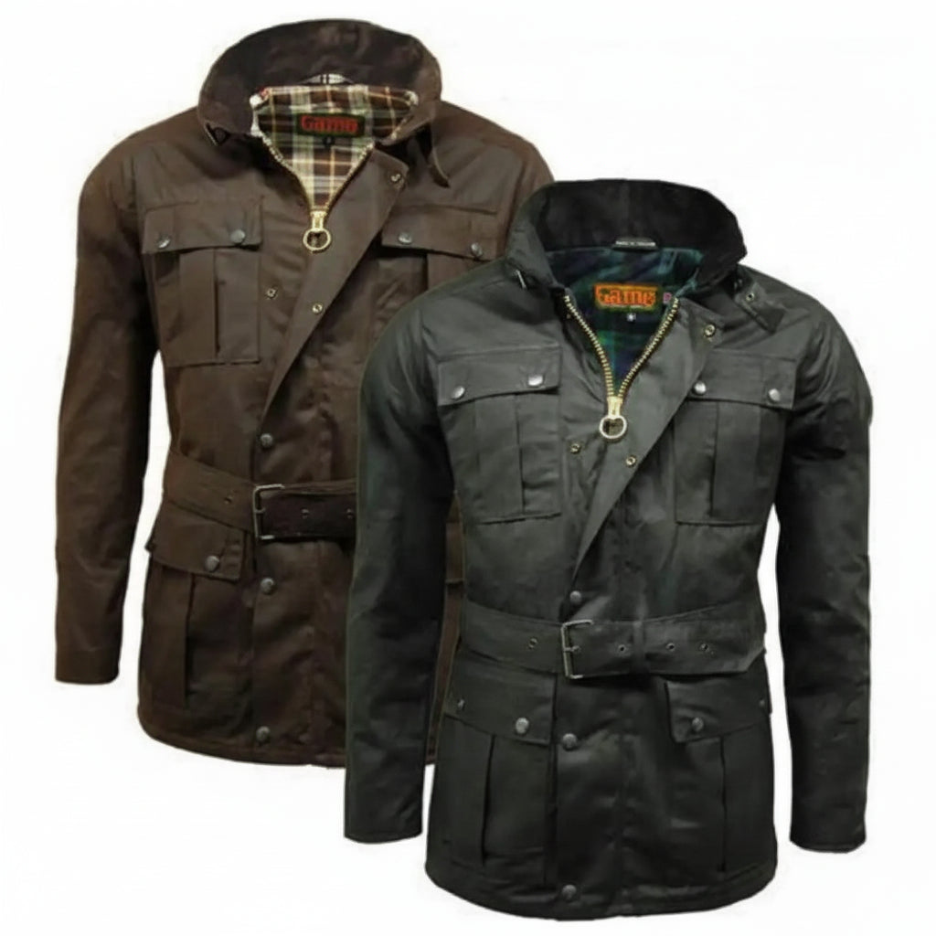 Game Motorcycle Wax Jacket - Game Continental Apparel & Accessories > Clothing > Outerwear > Coats & Jackets > Quilted Wax Jacket > Game Continental Jacket > Mens Waxed Cotton Coat emmy-jane-boutique.myshopify.com