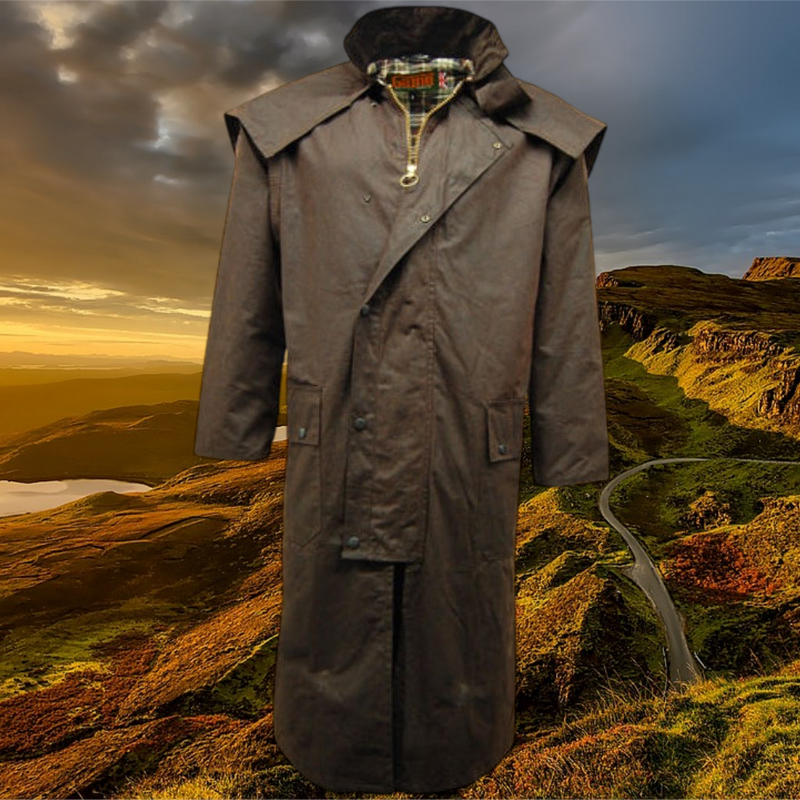 Emmy Jane - Game - Mens Wax Stockman Coat - Long Riding Cape - Waxed Jacket. Full-length Stockman wax cape made in the UK from durable heavy weight waxed cotton with heritage check lining. Meet the Game Mens Wax Stockman Coat. Crafted from premium waxed material, this stylish men's coat offers a modern take on a classic design.