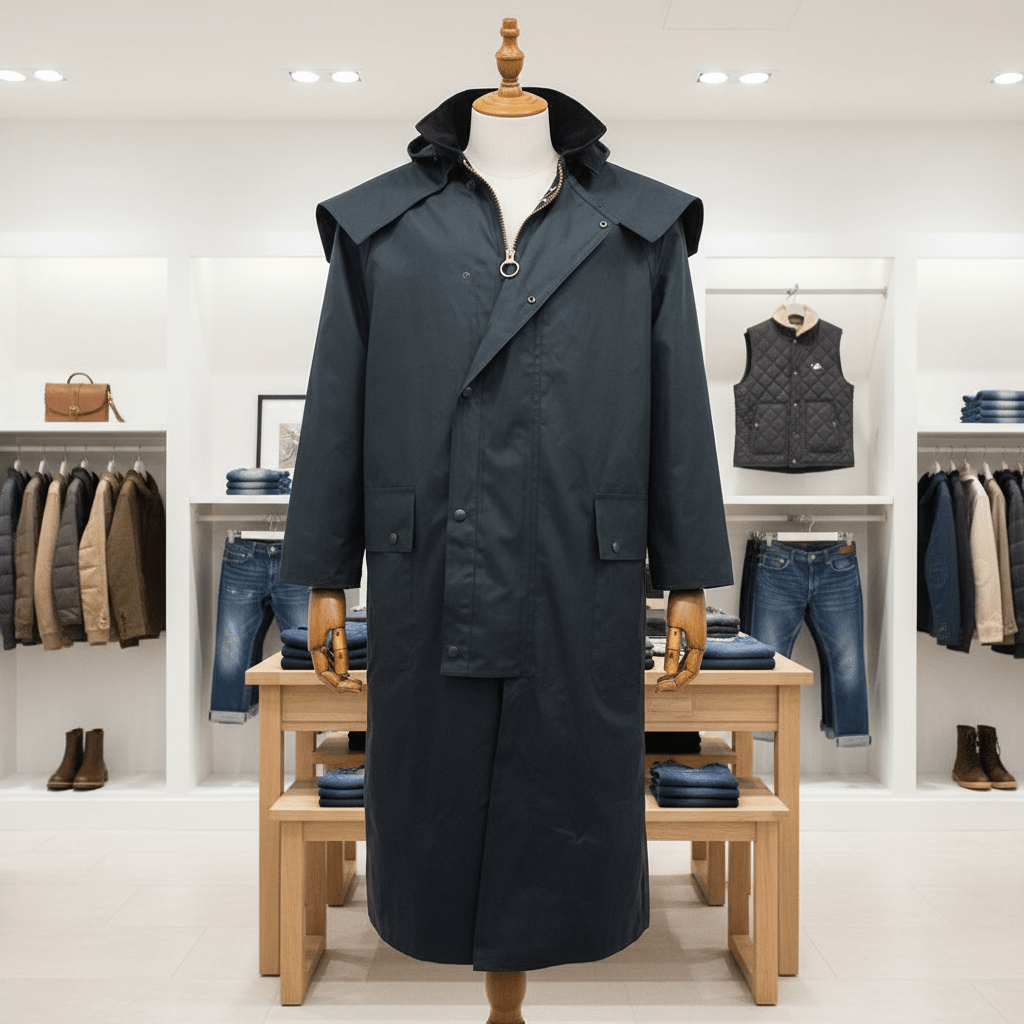 Dark coat on a mannequin in a clothing store setting
