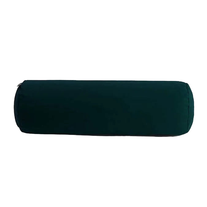 Dark green cylindrical pillow on a light gray background