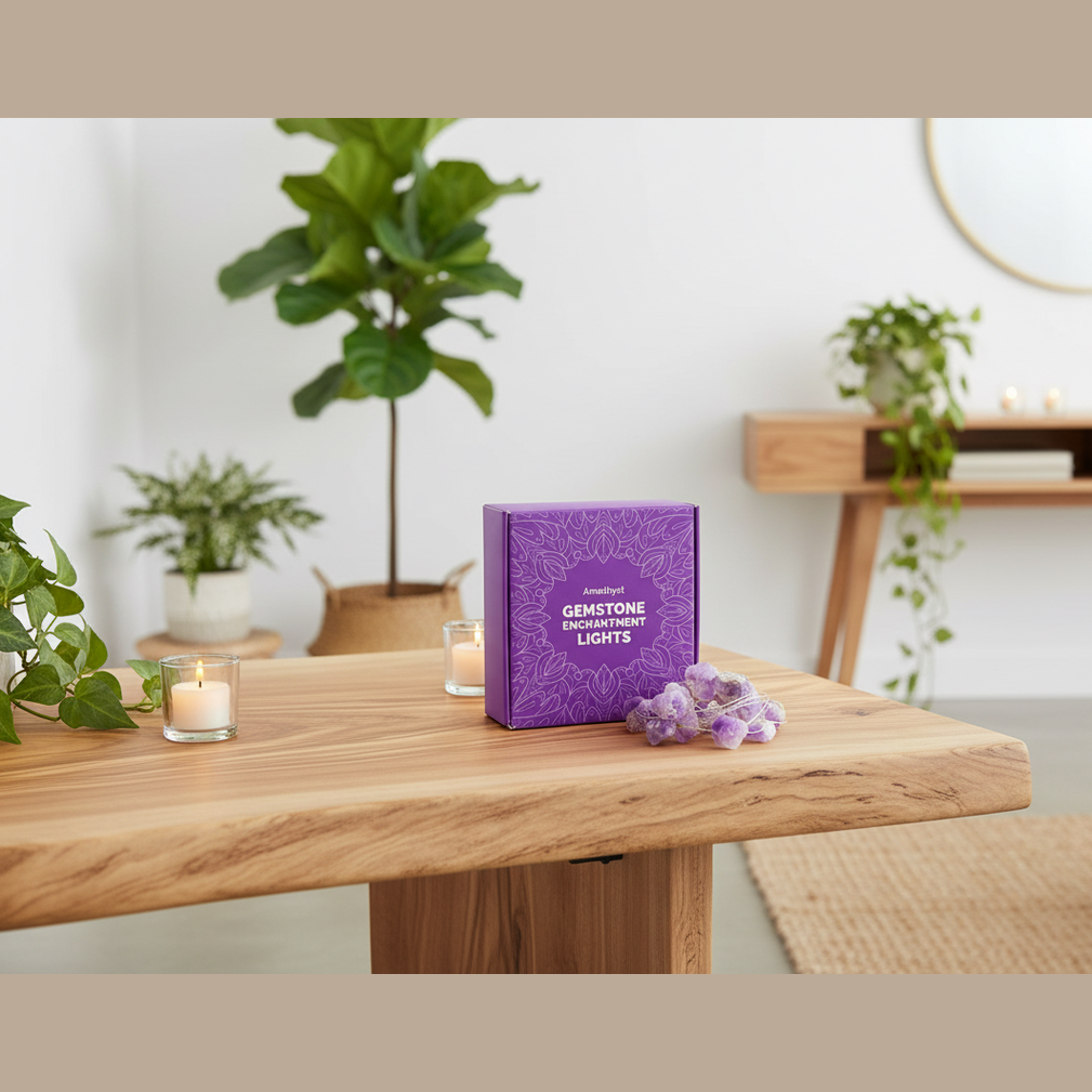 Purple box labelled 'Gemstone Lights' on a wooden table with plants and candles in a room.