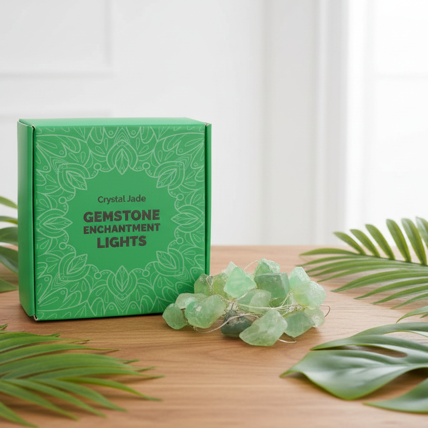 Green box labeled 'Gemstone Enchantment Lights' on a wooden surface with green leaves.