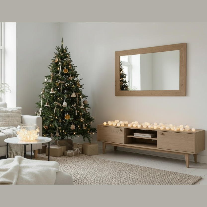 Living room with a decorated Christmas tree, mirror, and wooden TV stand.
