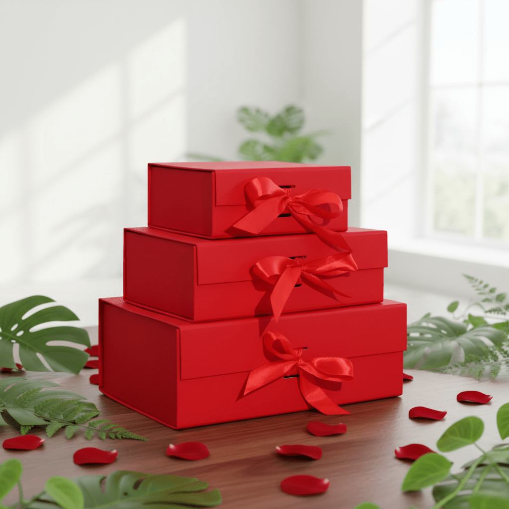 A selection of red gift boxes perfect for Valentine's or Christmas gifts on a wooden surface with rose petals and green foliage.