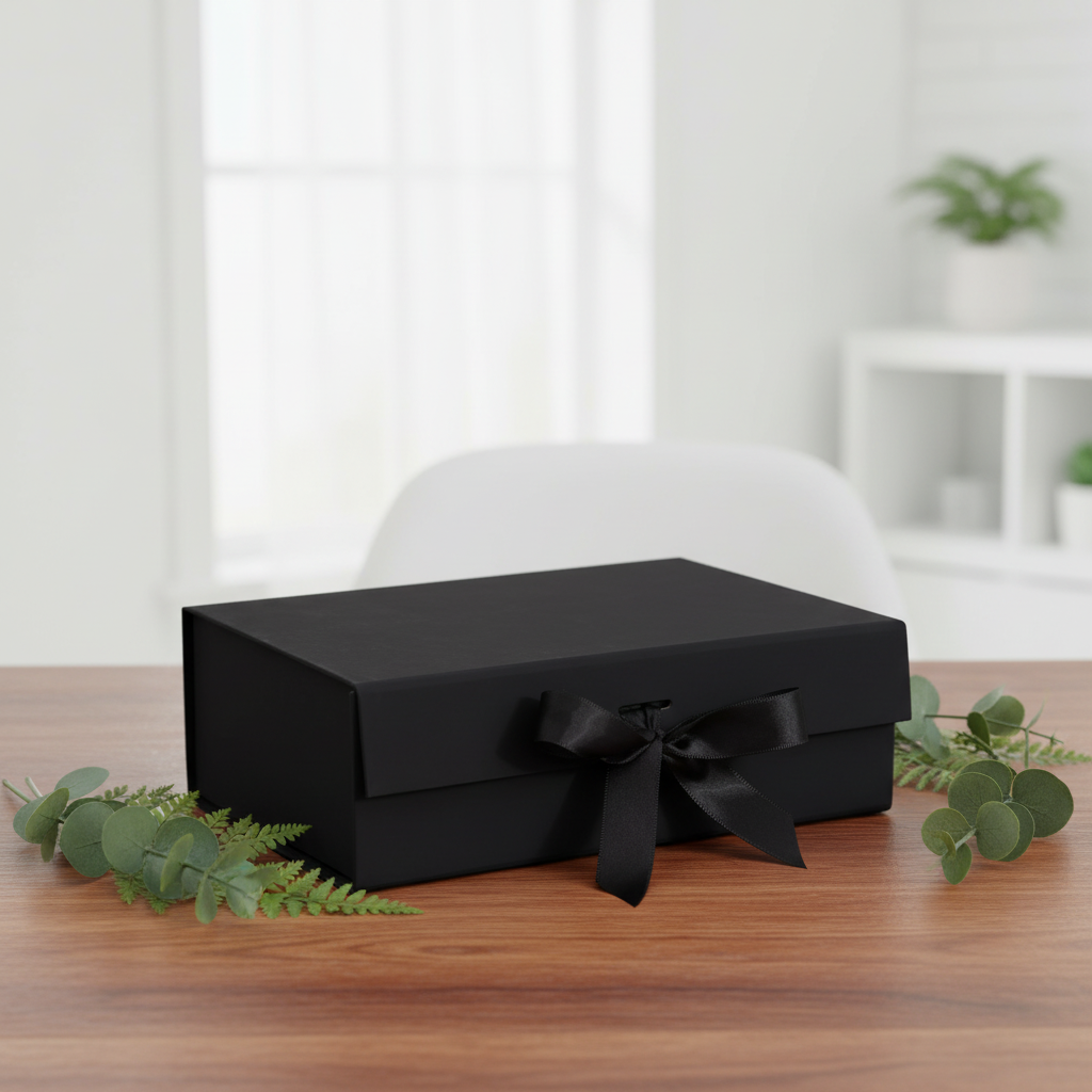 A matte black rectangular gift box with a black ribbon bow on a wooden table, styled with green eucalyptus leaves in a bright, modern room setting.