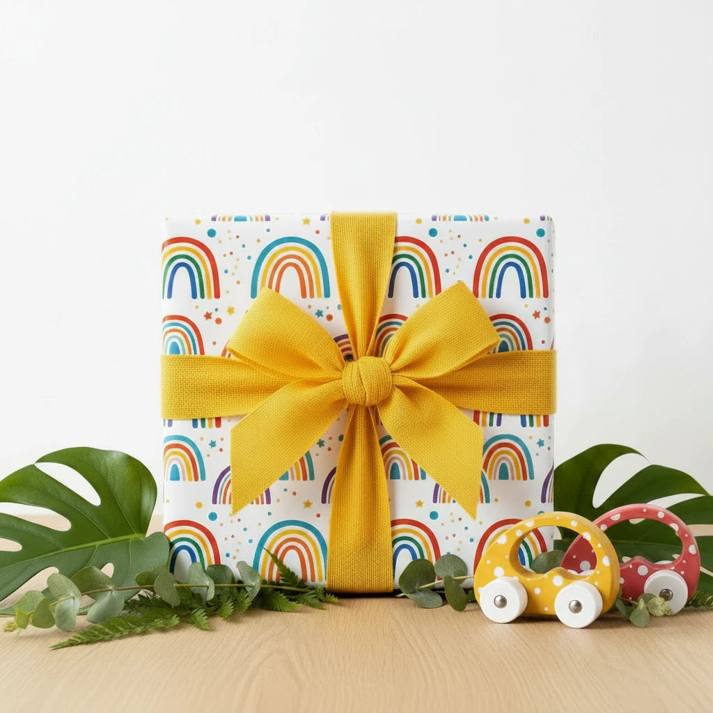 A gift box wrapped in white paper with a colorful rainbow pattern and a large yellow ribbon bow, styled on a light wood surface with green leaves and two small toy cars against a white background.
