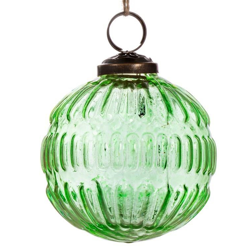 Emmy Jane Boutique -Eco-Friendly Christmas Tree Decoations - Green Recycled Glass Baubles. This green-coloured glass, grooved bauble is designed with the future in mind and the earth at heart. Go back to basics with the minimalistic design and recycled glass material. A true embrace of the real green in the festive season.