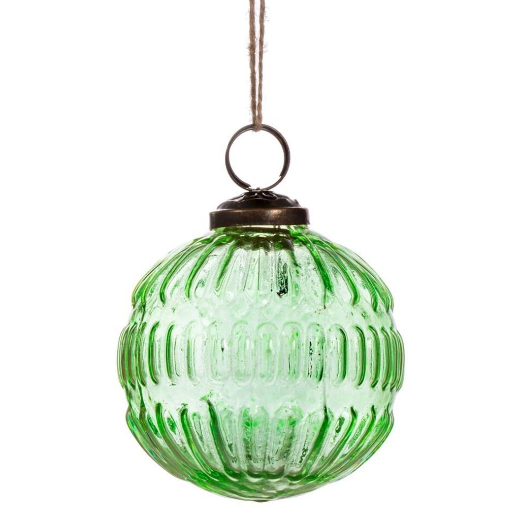 Emmy Jane Boutique -Eco-Friendly Christmas Tree Decoations - Green Recycled Glass Baubles. This green-coloured glass, grooved bauble is designed with the future in mind and the earth at heart. Go back to basics with the minimalistic design and recycled glass material. A true embrace of the real green in the festive season.