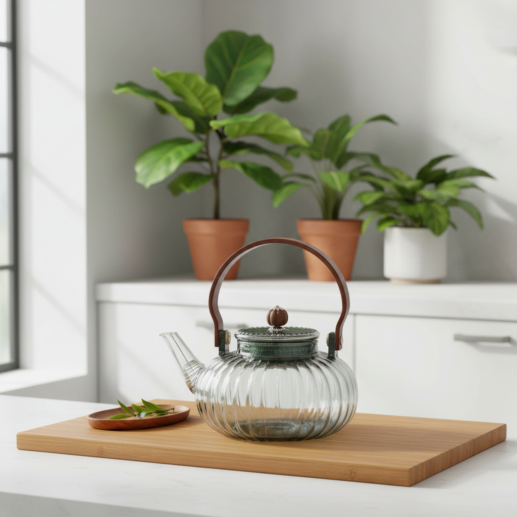 A ribbed clear glass teapot with a dark brown wooden handle and knob, set on a light wood kitchen countertop