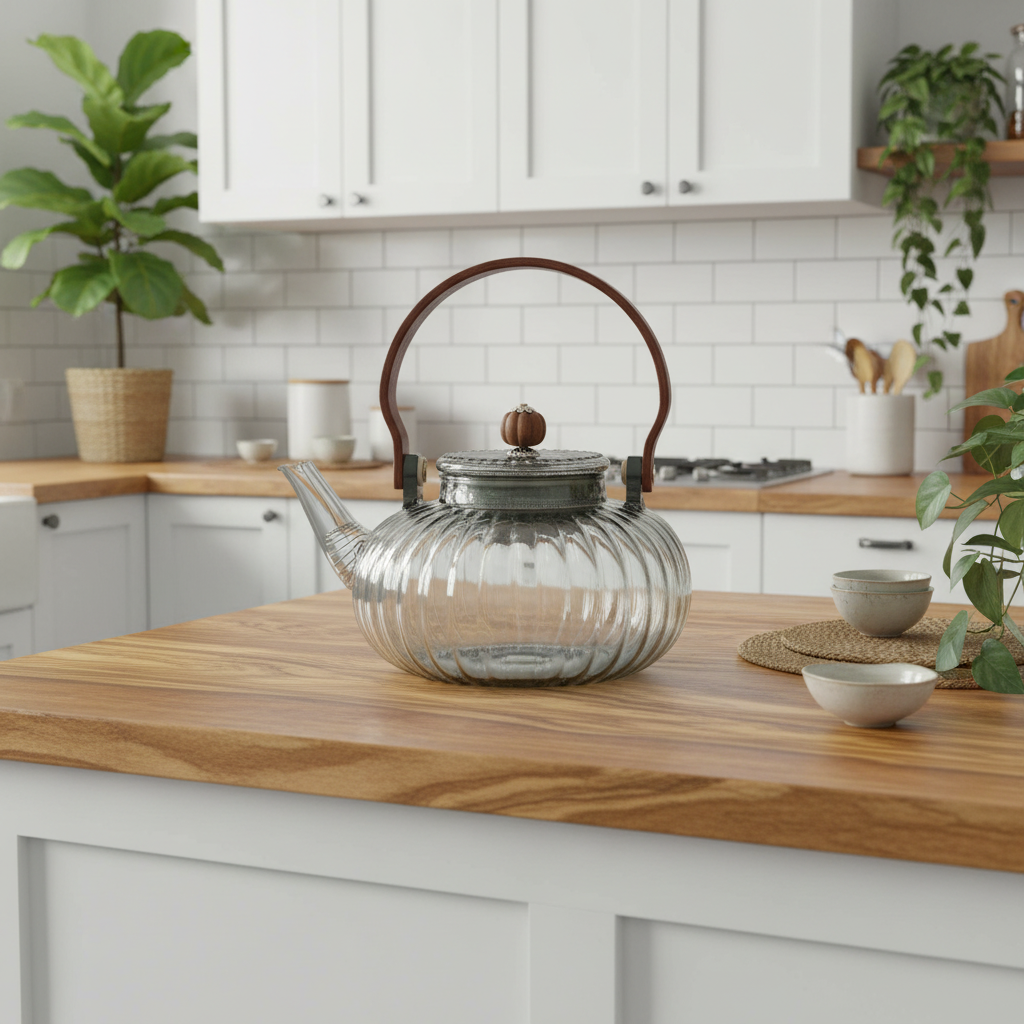 A ribbed clear glass teapot with a dark brown wooden handle and knob, set on a light wood kitchen countertop with a white subway tile backsplash in the background.