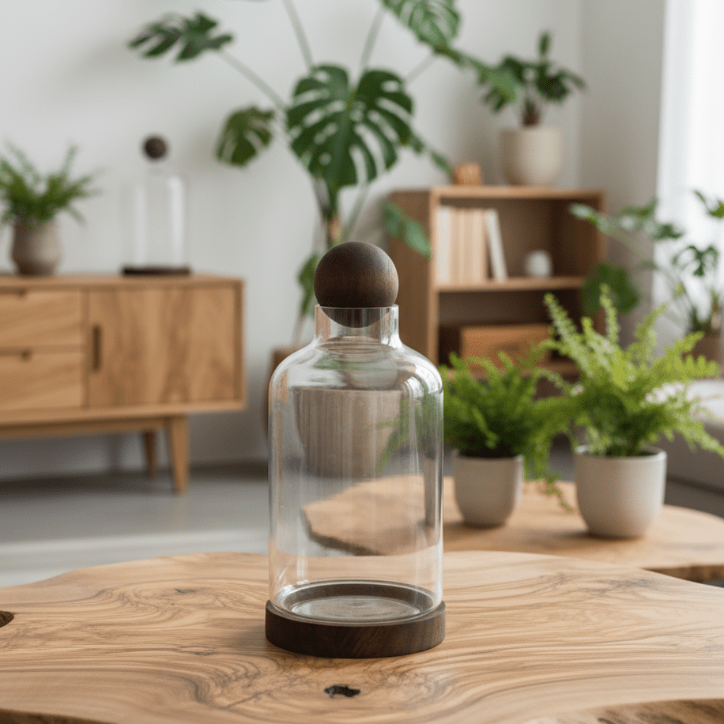 Clear glass terranium bottle with wooden cap on a wooden table in a room with plants and furniture.