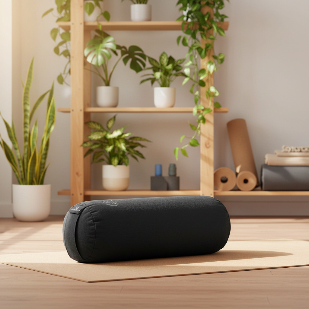 A black cylindrical yoga bolster pillow sits on a light tan yoga mat in a bright, modern room with a wooden shelving unit and green plants in the background.
