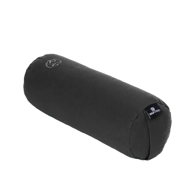 Black cylindrical yoga bolster with a brand logo on a white background