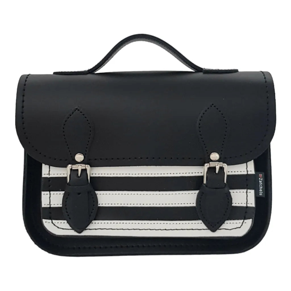 Zatchels Handmade Leather Midi Satchel - Gothic Striped White & Black Clothing & Accessories > Handbags, Wallets & Cases > Handbags > Handmade Handbags > Leather Handbags > White & Black Striped Handbags > Gothic Handbags > White & Black Midi Satchel emmy-jane-boutique.myshopify.com