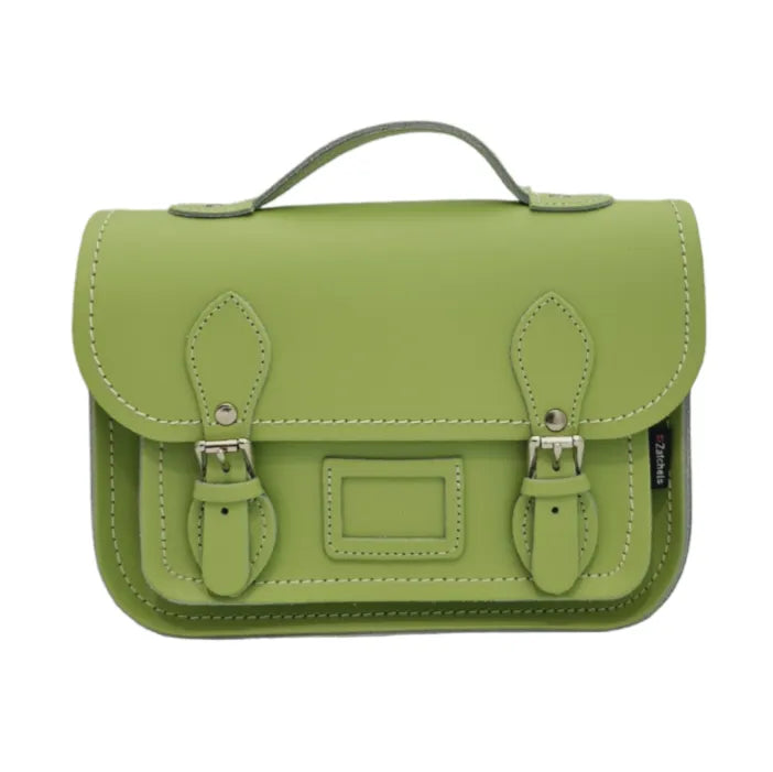Front view of Zatchels Grass Green leather midi satchel with top handle, matching stitching and silver-coloured buckles
