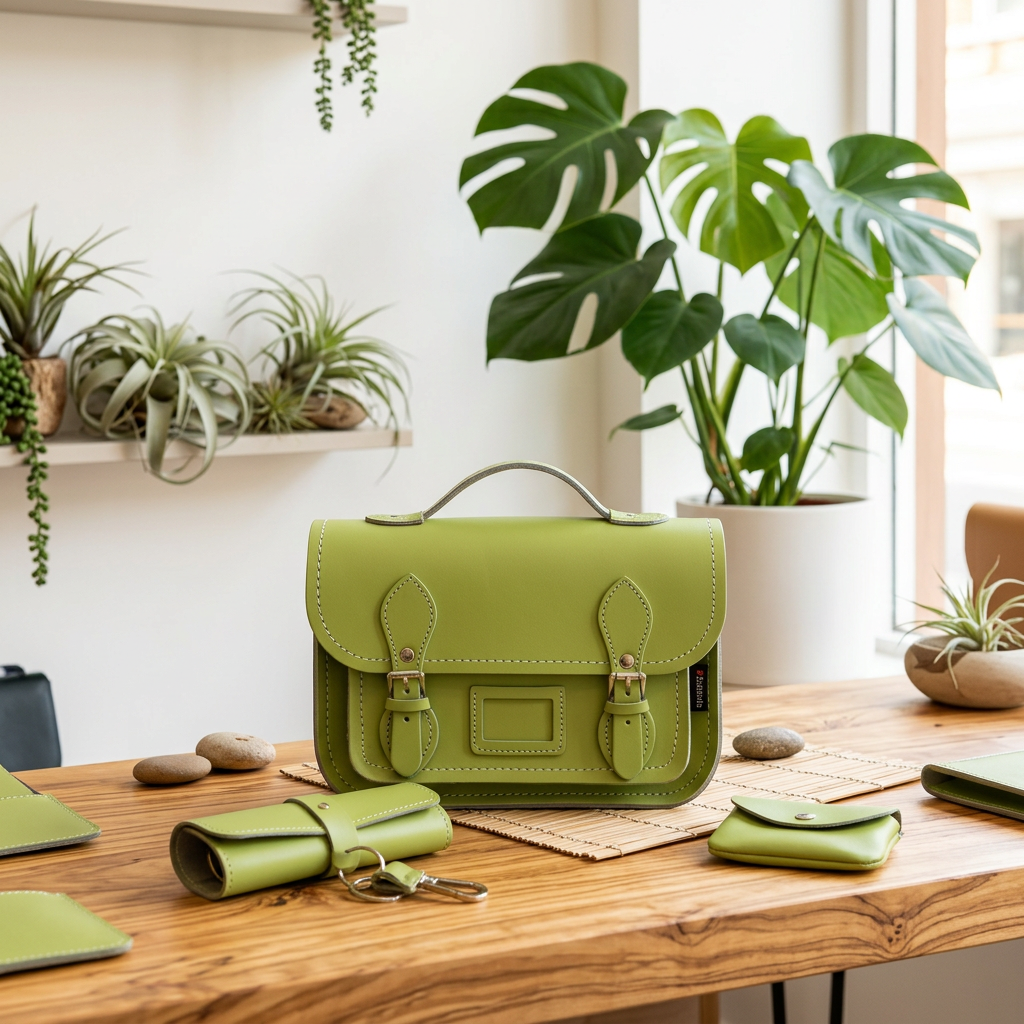 Zatchels Grass Green leather midi satchel displayed on a wooden table with matching green accessories and plants