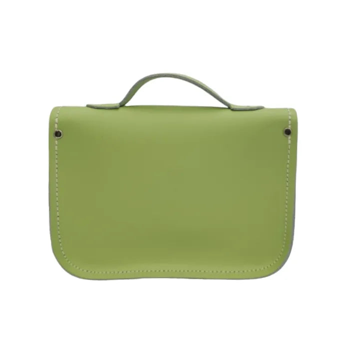 Rear view of Zatchels Grass Green leather midi satchel with matching top handle