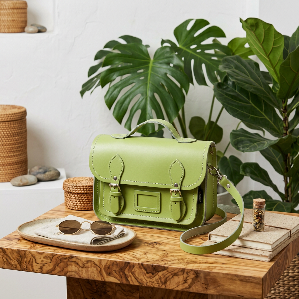 Zatchels Grass Green leather midi satchel with shoulder strap on a wooden table beside sunglasses and plants