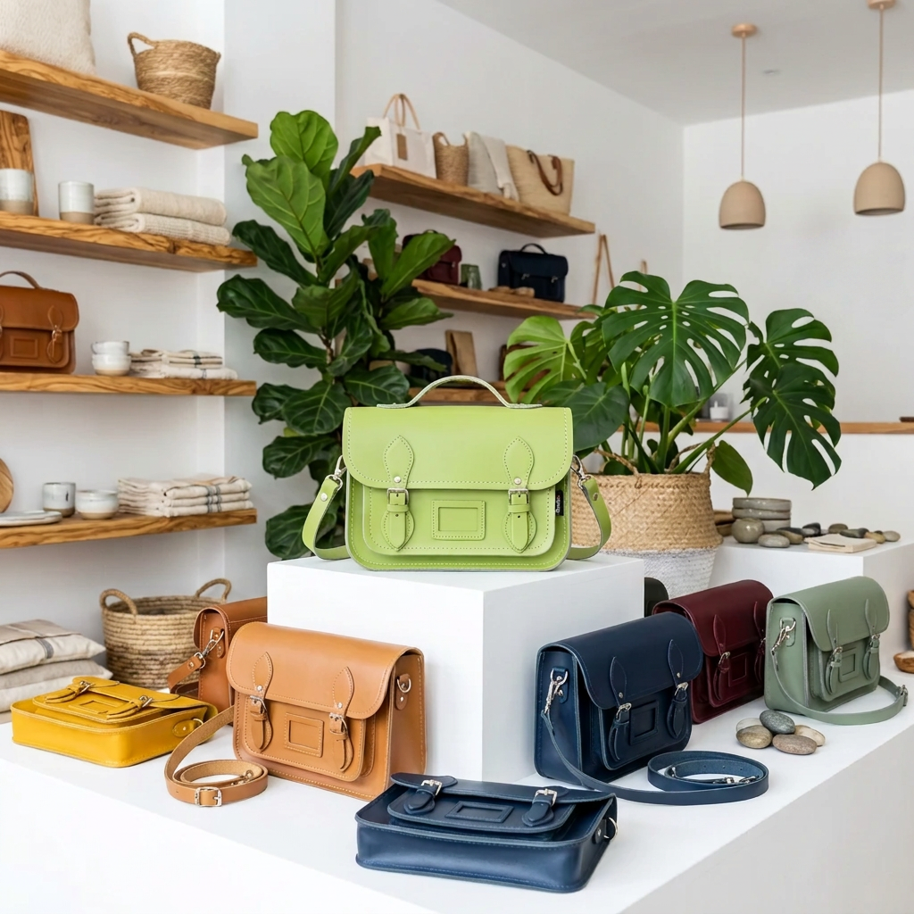 A boutique display featuring multiple vintage-style satchel handbags in various colors (lime green, tan, navy, burgundy, olive) arranged on white pedestals and shelves in a styled interior with potted plants and wooden shelving.