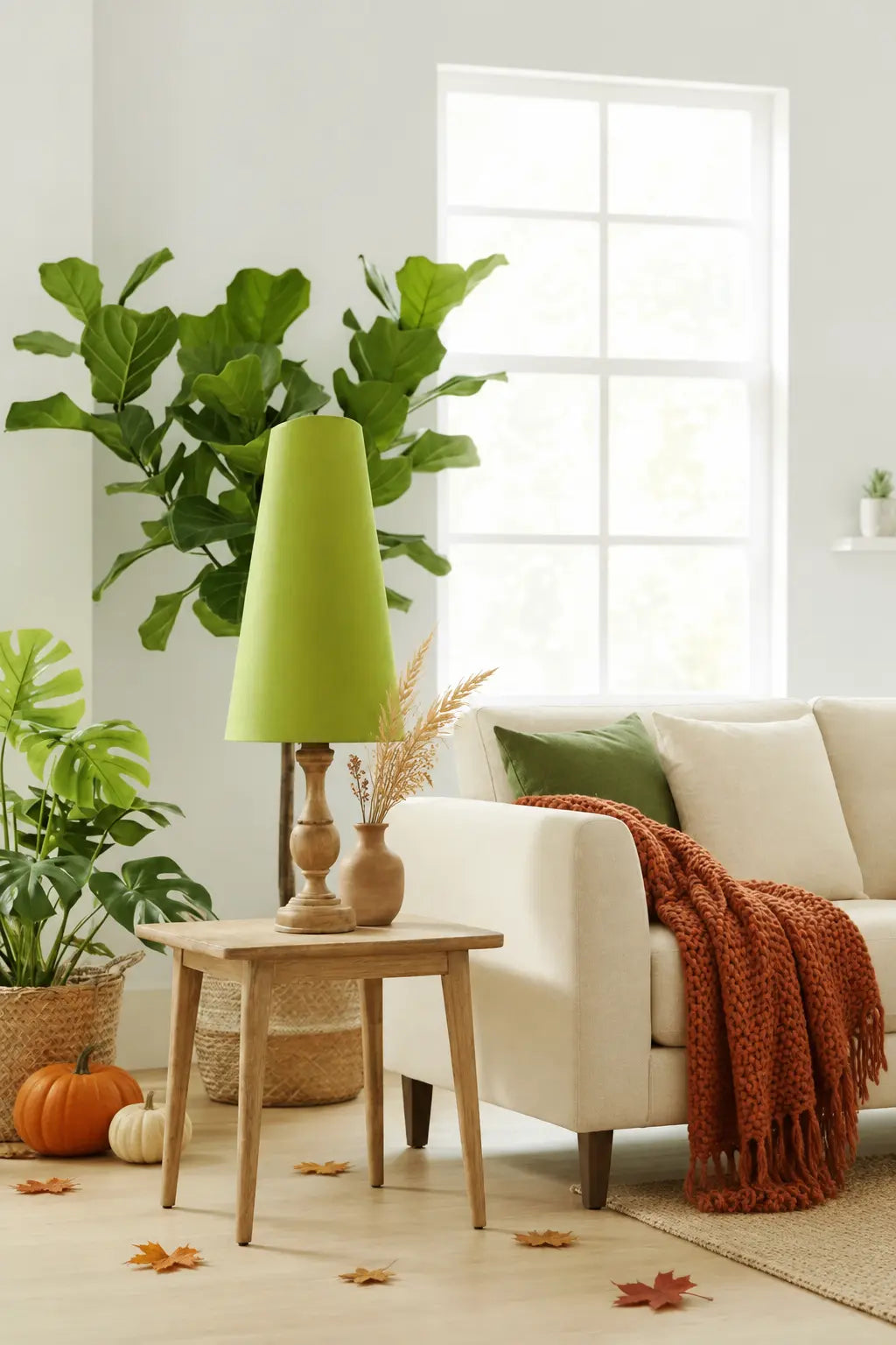A styled living room scene with a cream sofa, rust throw blanket, green lamp, potted plants, pumpkins, and scattered autumn leaves on a light wood floor.