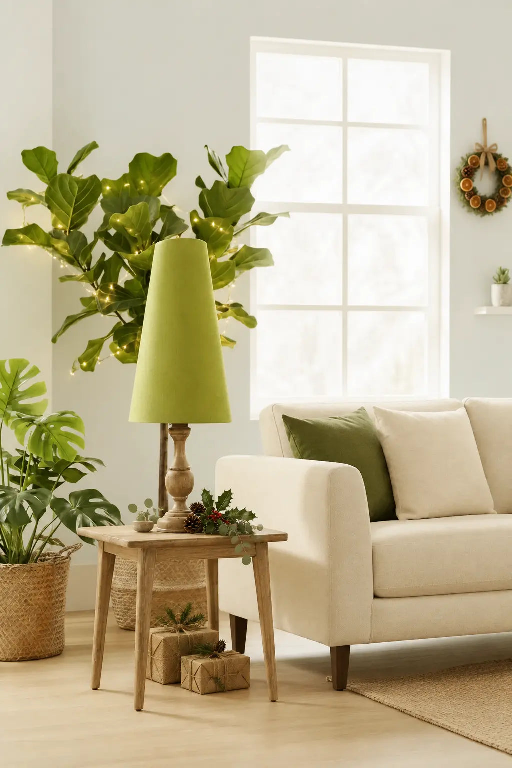 A styled living room scene with eco-friendly Christmas decor, featuring a light green table lamp with a conical shade on a small wooden side table, next to a cream-coloured sofa with green and cream pillows, and a large fiddle-leaf fig plant in a woven basket.