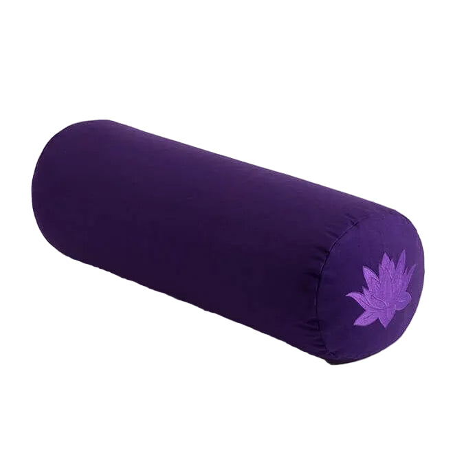 Purple yoga bolster with a lotus flower design on a white background