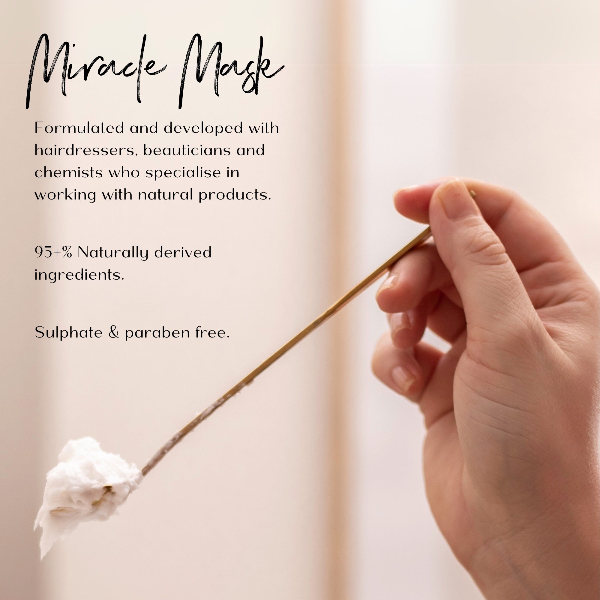 Hand holding a cotton swab with text about a 'Miracle Mask' product on a light background