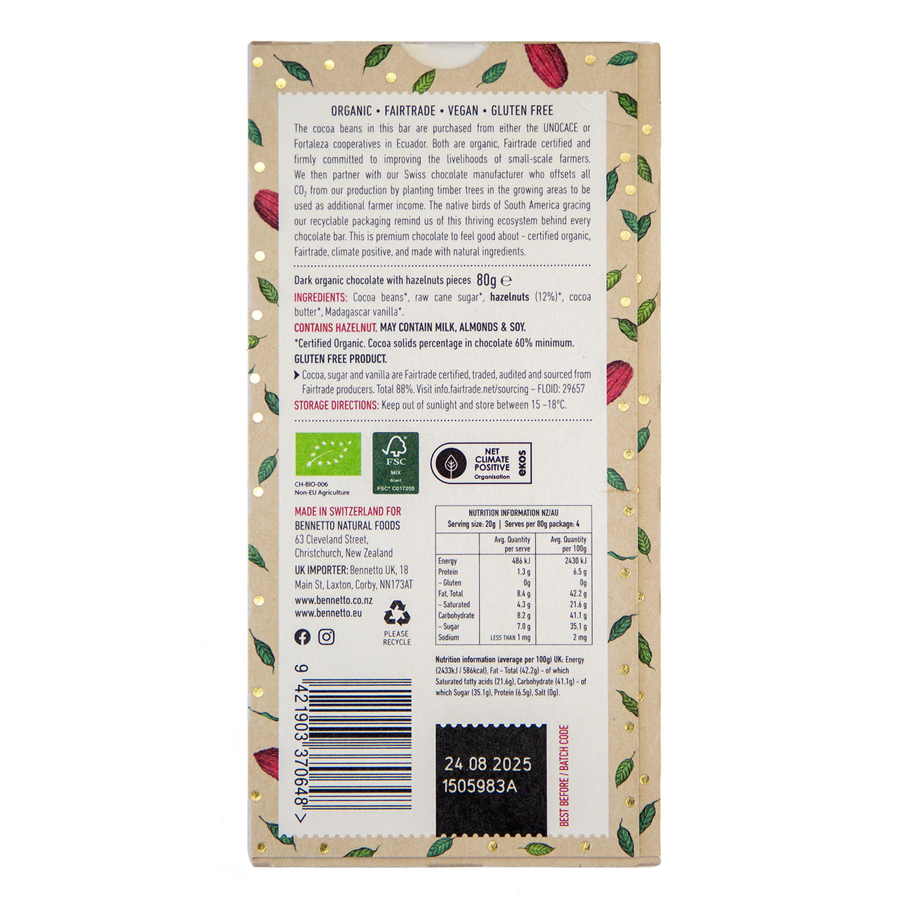 Back of a chocolate bar packaging with certification logos and text on a beige background