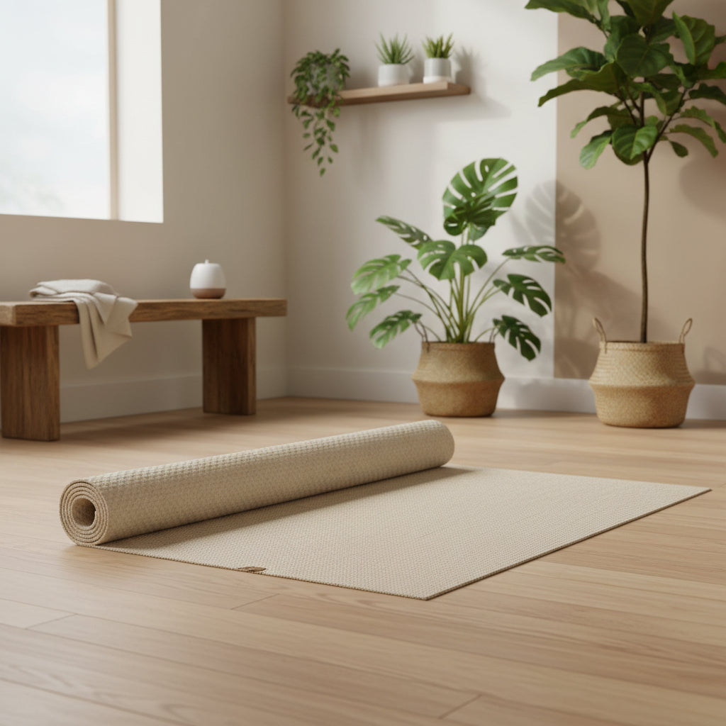 A beige textured yoga mat, partially rolled out, displayed on a light wood floor in a bright, modern minimalist room with potted plants and a wooden bench.