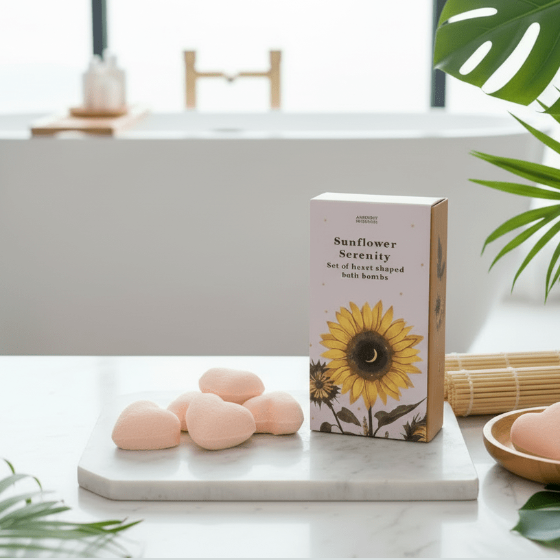 Sunflower Serenity bath bomb set packaging on a marble surface with bath bombs and greenery.