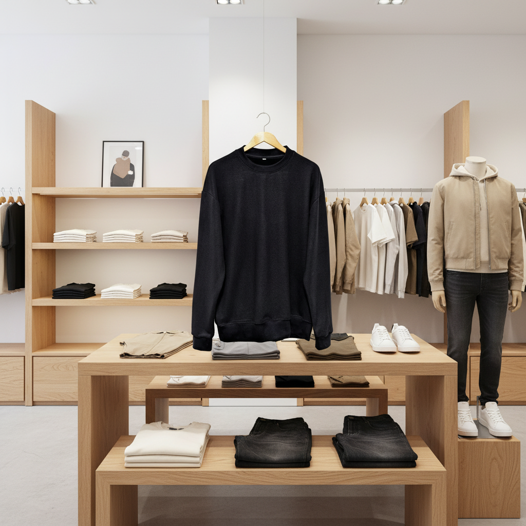 A styled clothing store interior showing a black crewneck sweatshirt on a hanger centered above a wooden display table, with folded garments, hangers, and a mannequin dressed in beige and dark clothing around it.