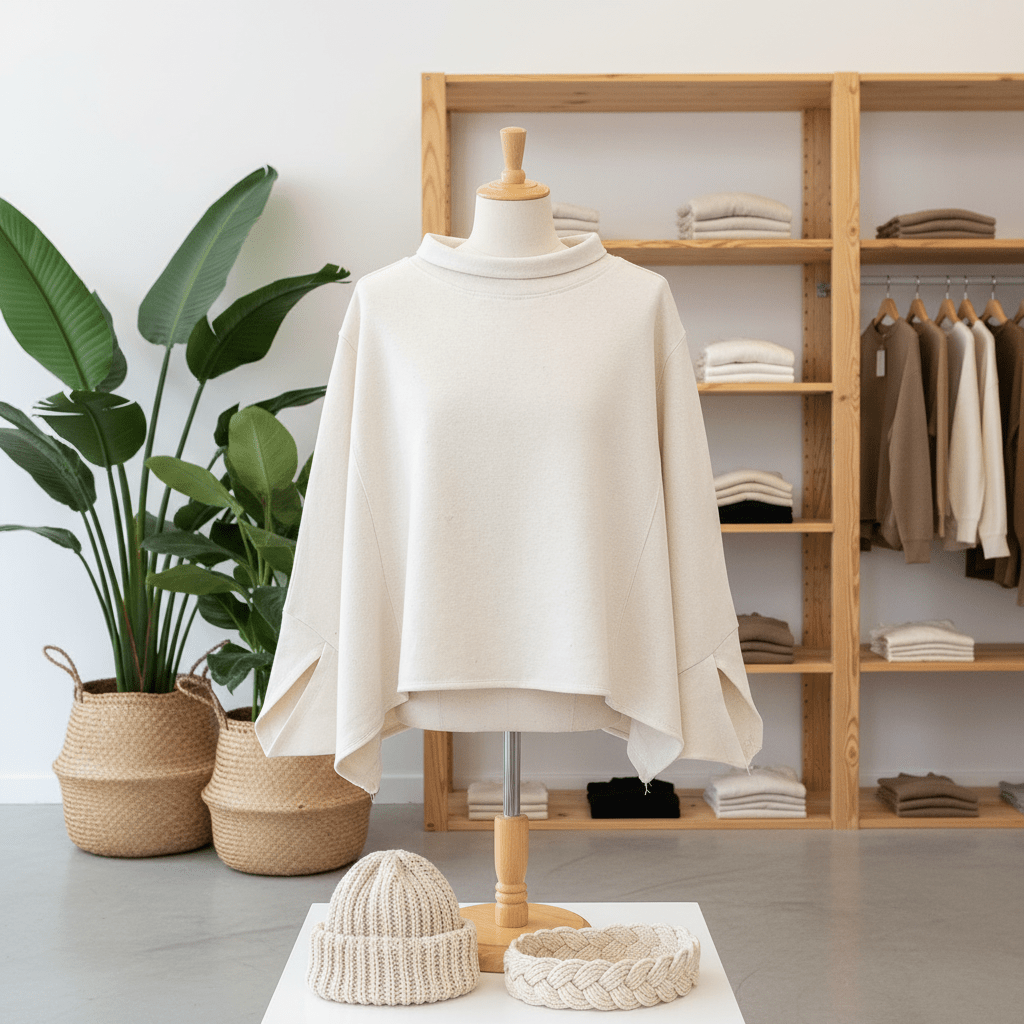 Mannequin wearing a white sweater with a plant and shelves in the background
