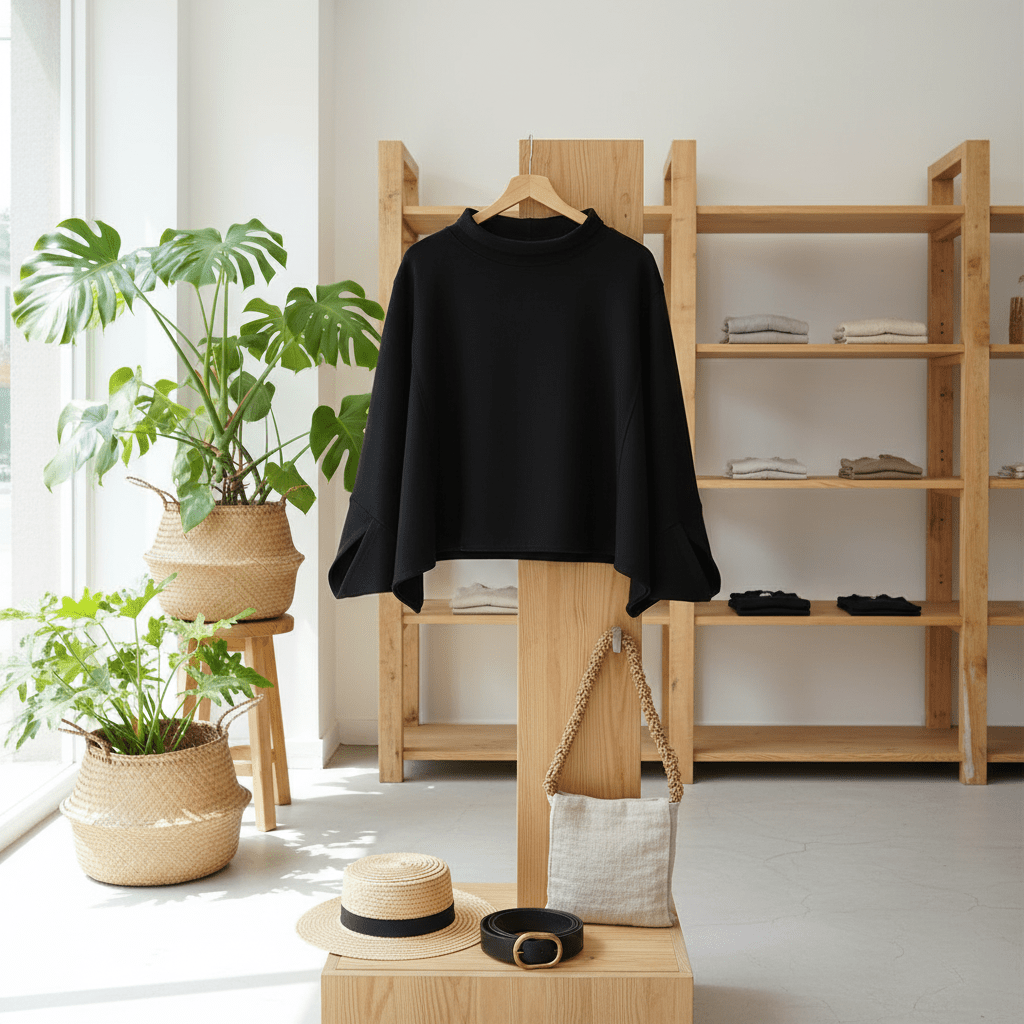 Black sweater on a wooden hanger with plants and shelves in the background