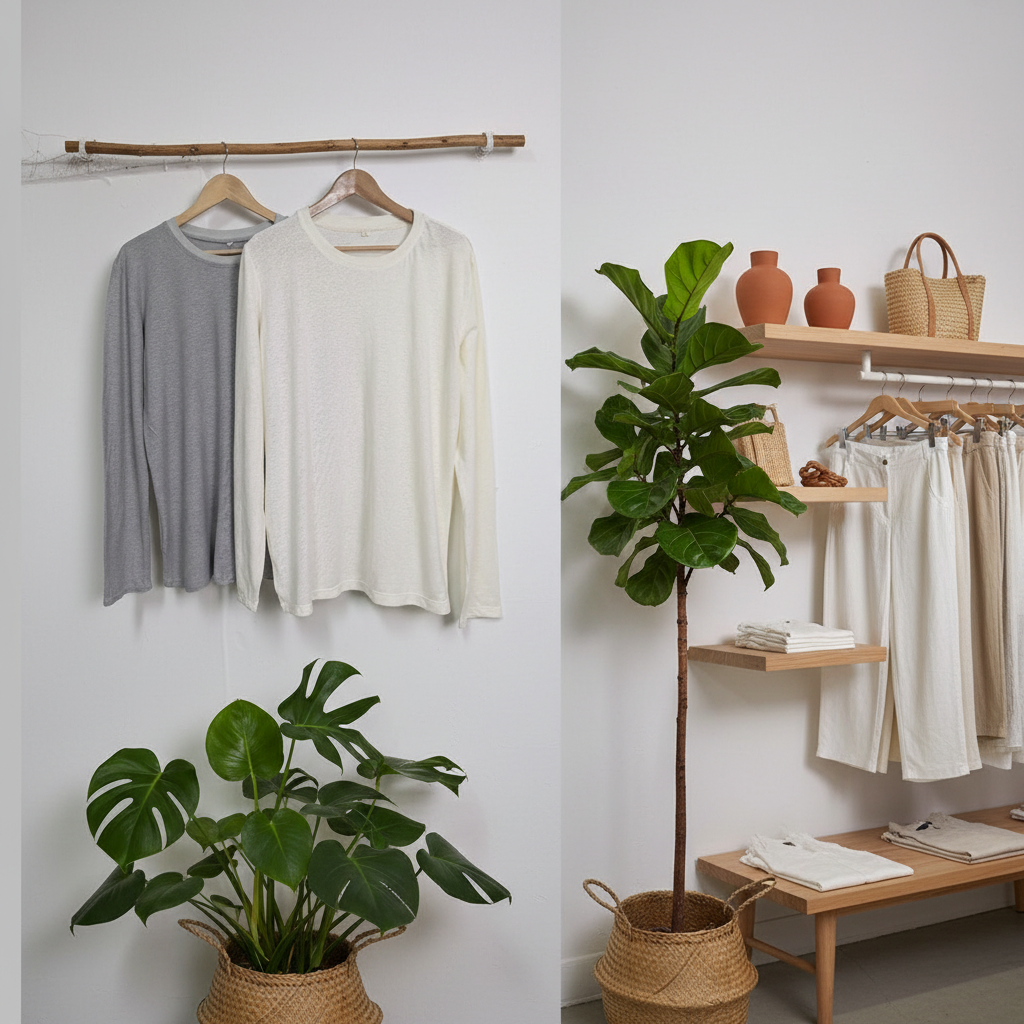 Two long-sleeve knit crewneck hemp T-shirts hang on wooden hangers from a natural wood rod on a white wall, styled in a minimalist room setting with a potted fiddle-leaf fig plant, a monstera plant, shelves, and other neutral-toned home decor.
