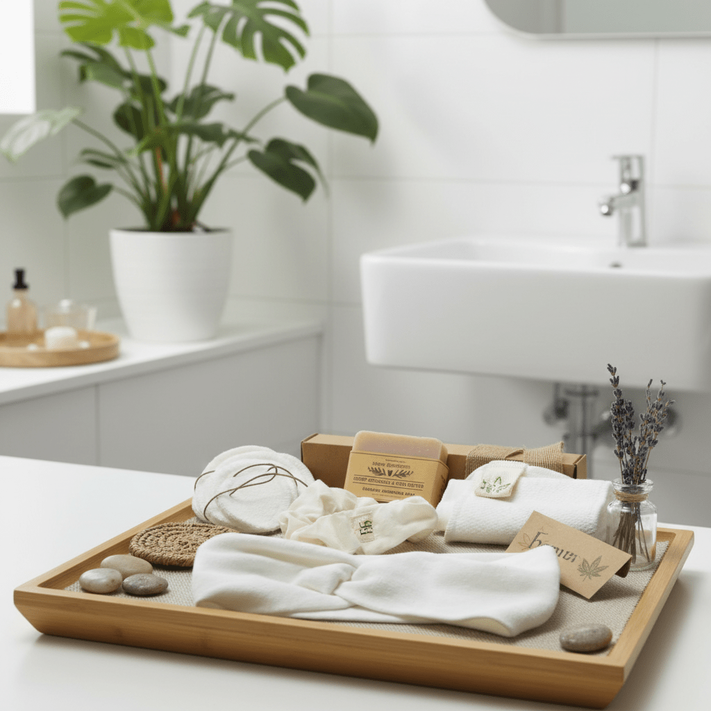 Bathroom setting with a wooden tray holding towels, soap, and other items on a white countertop.
