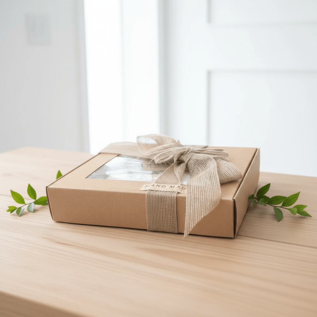 Gift box with a bow on a wooden surface with a light background
