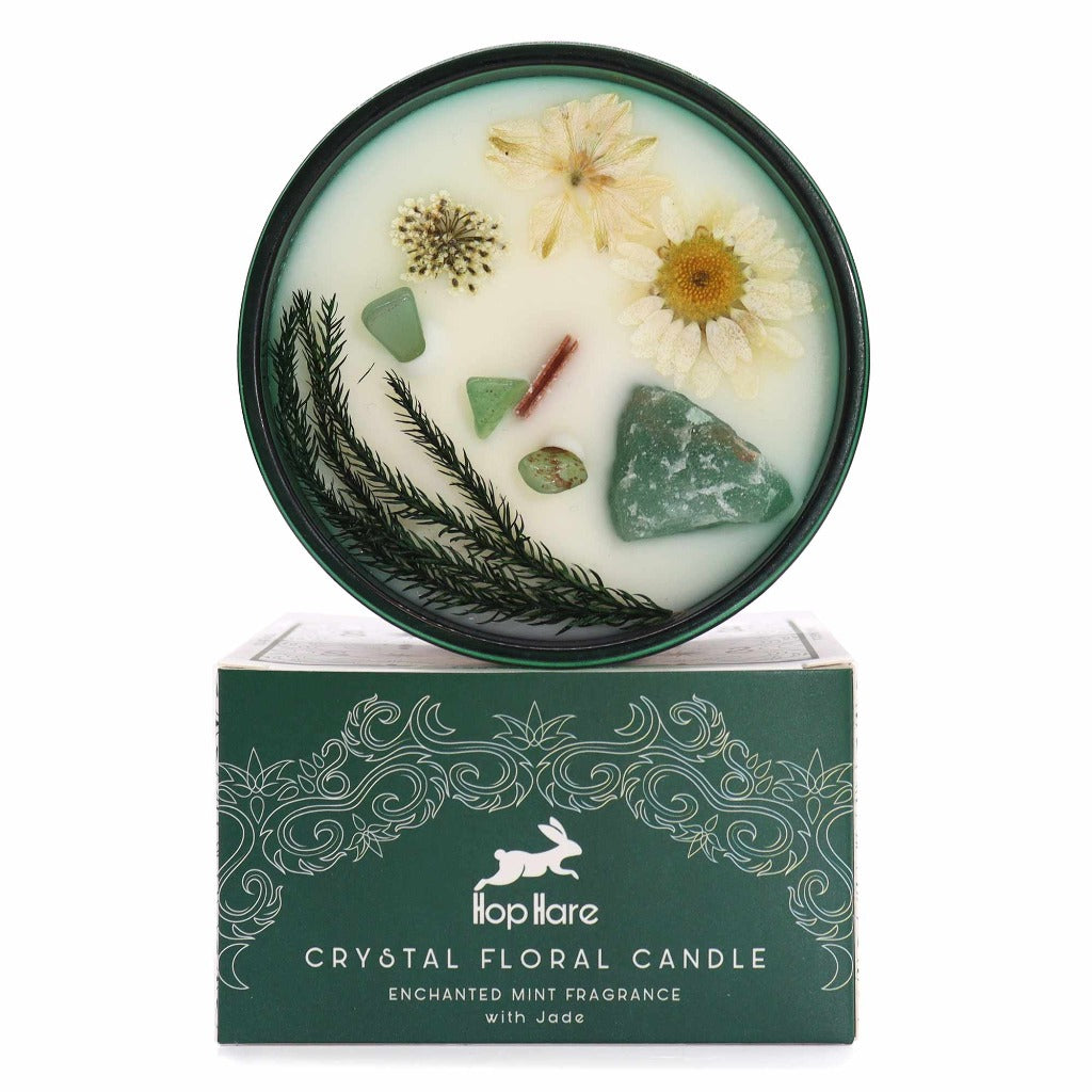 Crystal Magic Flower Candles - Hop Hare Botanical Gemstone Candles. Hop Hare Crystal magic flower candles offer a chance to embrace enchantment. Unveil the enchantment upon opening the box. A hidden tarot card reveals candles adorned with real gemstones and flowers.