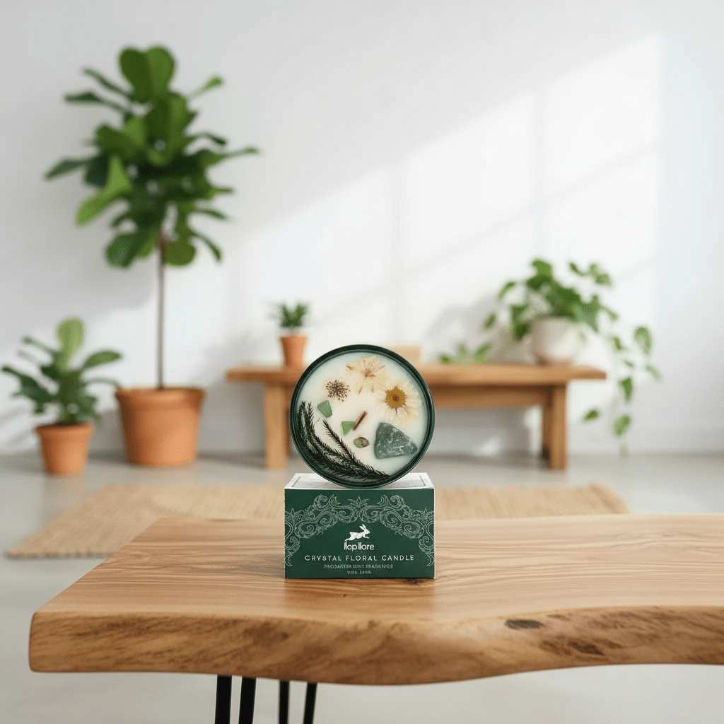 Decorative crystal floral candle on a wooden table with a blurred indoor setting