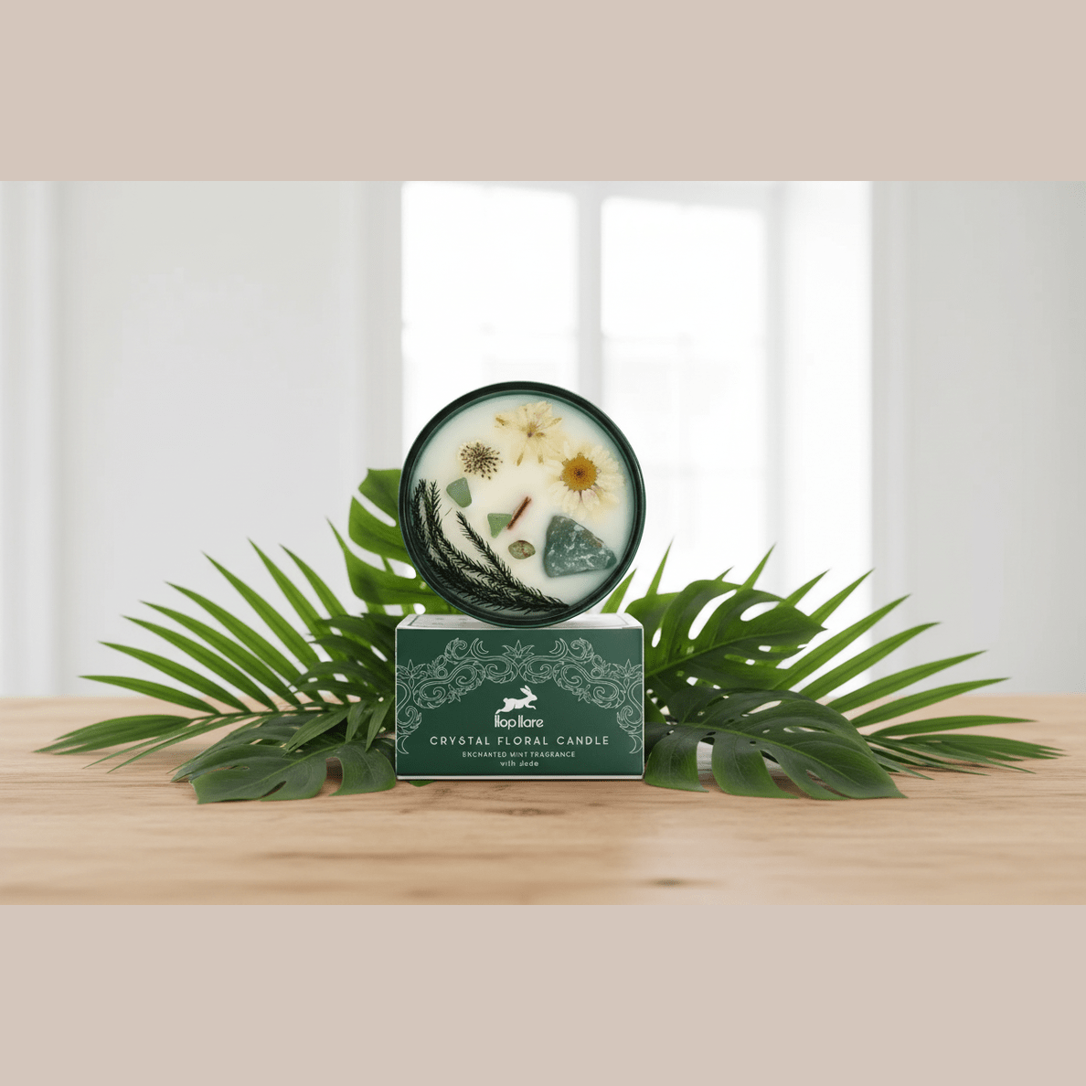 Crystal floral candle on a wooden surface with green leaves in the background