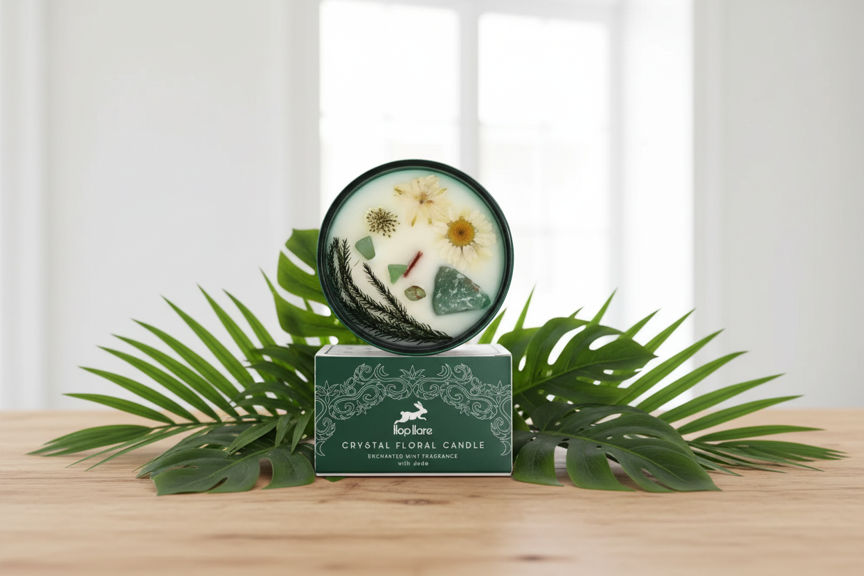 Crystal floral candle on a wooden surface with green leaves in the background