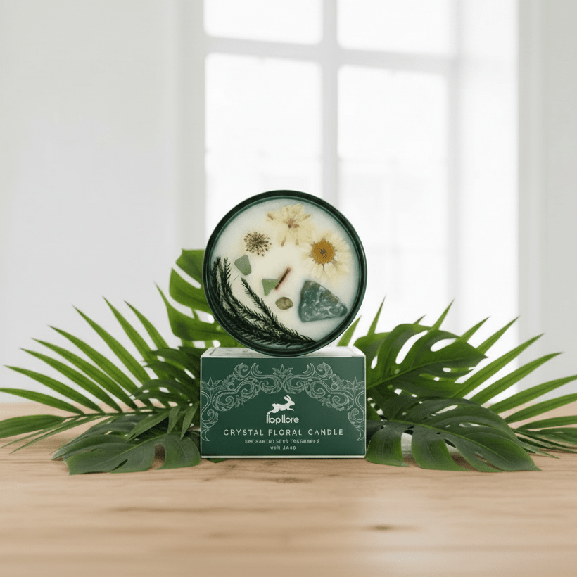 Crystal floral candle on a wooden surface with green leaves in the background