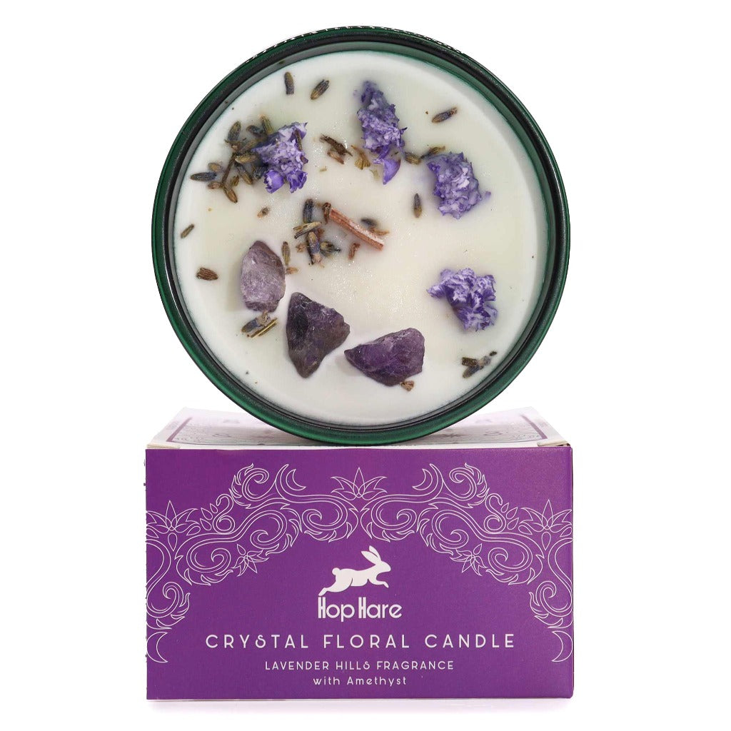 Crystal Magic Flower Candles - Hop Hare Botanical Gemstone Candles. Hop Hare Crystal magic flower candles offer a chance to embrace enchantment. Unveil the enchantment upon opening the box. A hidden tarot card reveals candles adorned with real gemstones and flowers.