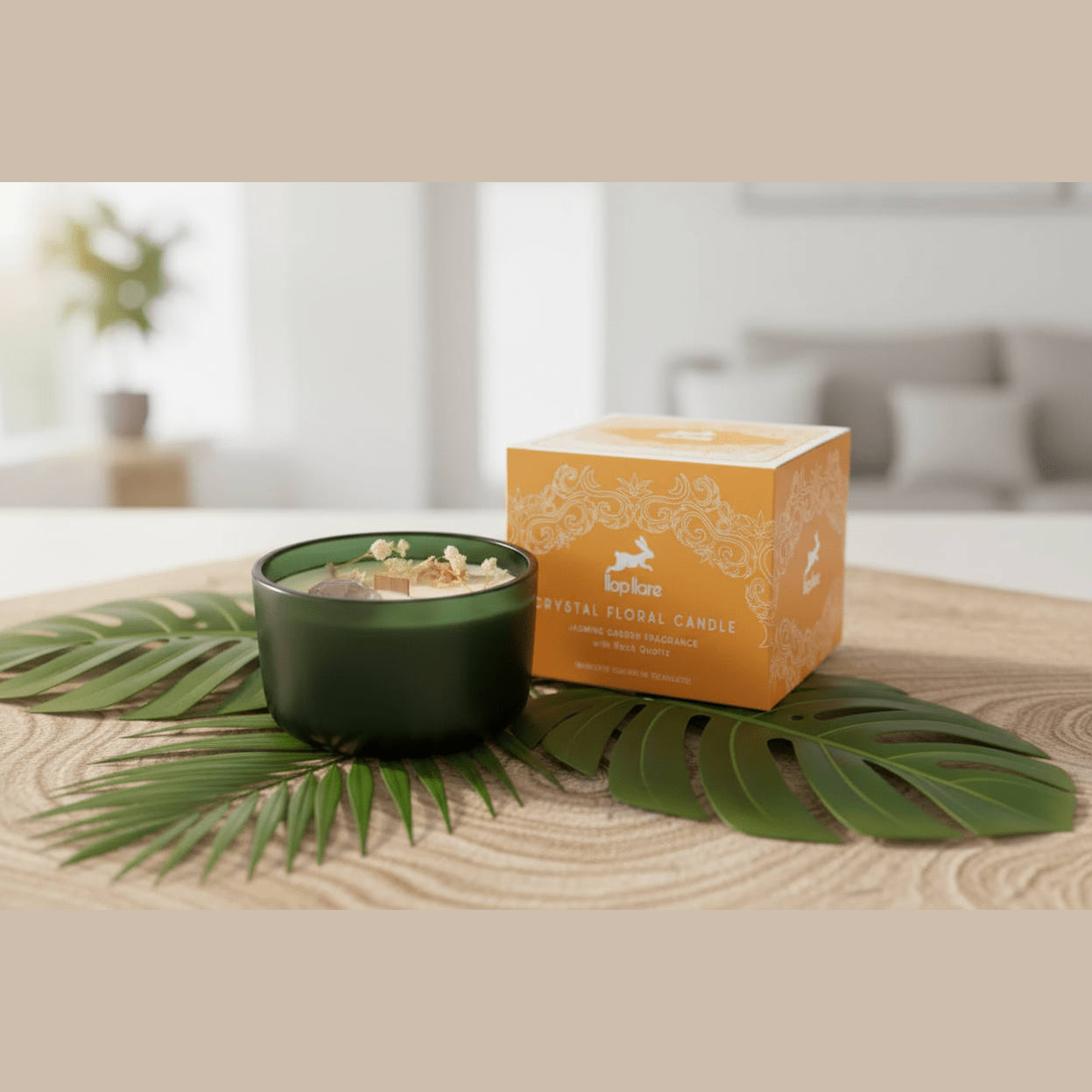 Green candle in a decorative container with an orange box labeled 'Candle' on a wooden surface.