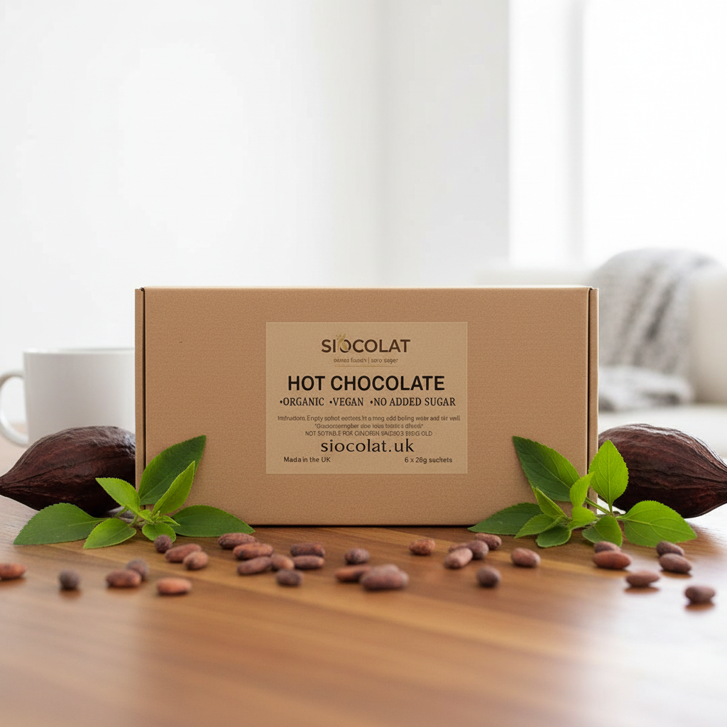 A kraft paper box of Siocolat Hot Chocolate capsules sits on a wooden table, surrounded by cocoa beans, green leaves, and a blurred coffee cup in the background.