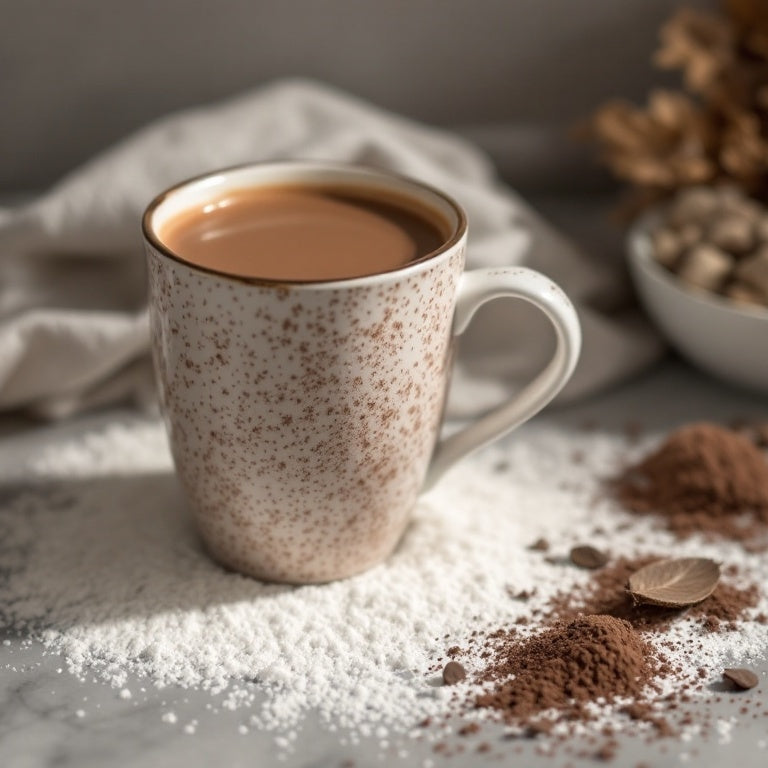 Spotted mug with hot chocolate on a marble surface with cocoa powder and chocolate pieces.