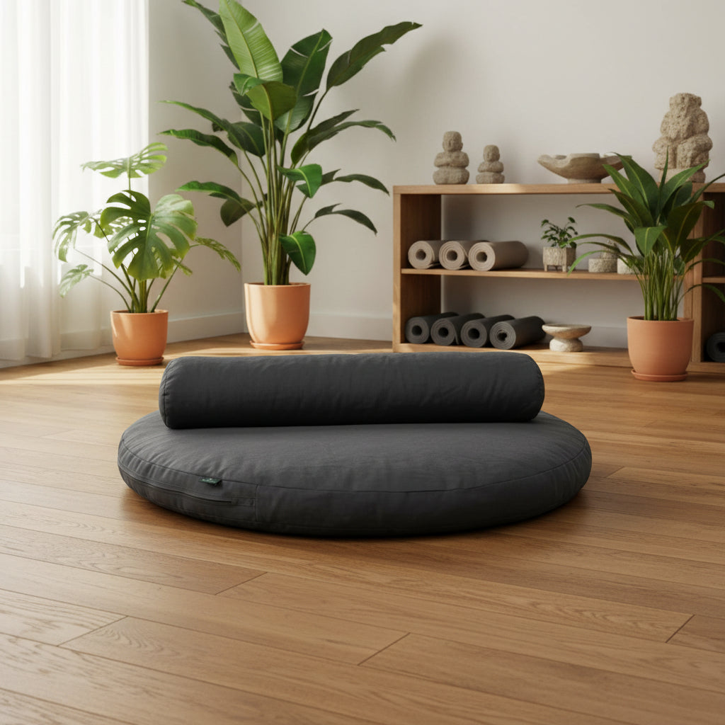 A dark charcoal grey yoga cushion set with a round seat cushion and a matching rolled lumbar pillow, placed on a light wood floor in a bright, modern room with potted plants and yoga mats.