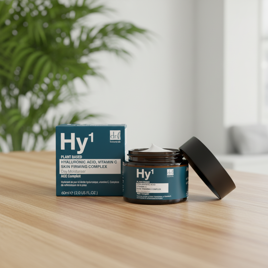 A jar of Hy1 Plant Based Hyaluronic Acid, Vitamin C Skin Firming Complex alongside its matching blue box, set on a light wooden table with a blurred indoor background and green foliage.